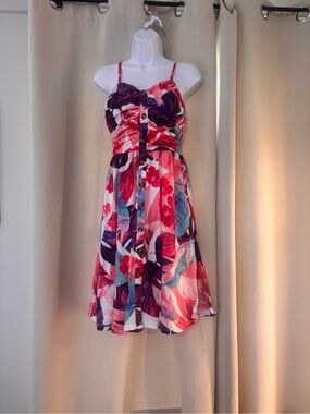 Tropical Pink Floral Mini Dress with Spaghetti Straps